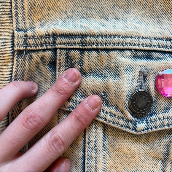 Lazy Oaf Acid Wash Stonewashed Patch Denim Jacket Cats Gemstones Heart Rose - Picture 4 of 6